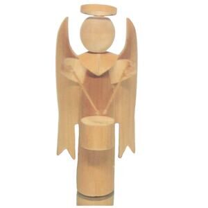 Carved Wood Angel Drummer Figurine 7" Christmas Ornament Sculpture Drumsticks